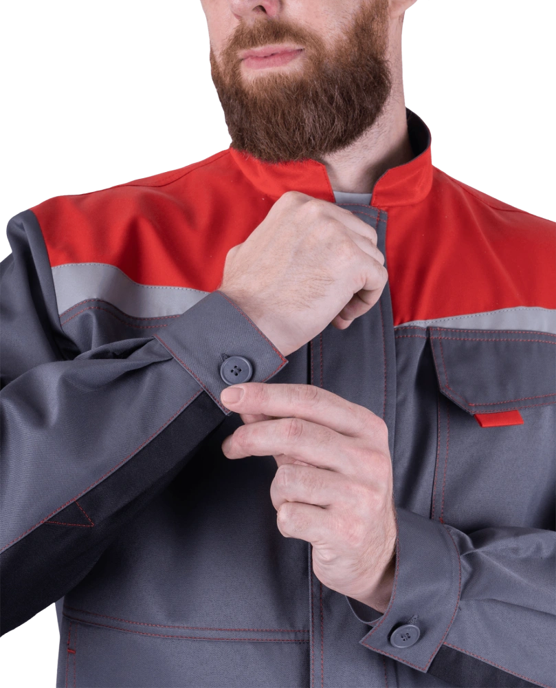 Костюм мужской КМ-10 ЛЮКС ОПЗ (куртка, брюки) серый/красный/черный 