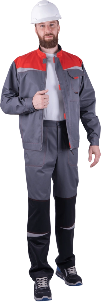 Костюм мужской КМ-10 ЛЮКС ОПЗ (куртка, брюки) серый/красный/черный 